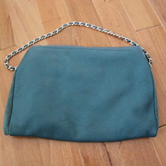 Kinta Leather Fold Over Green Shoulder Bag Purse Chain Gold Strap - Picture 8 of 10